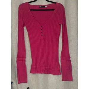 Fox‎ Long Sleeve Ribbed Top Henley Button Front Pink Blouse Size L